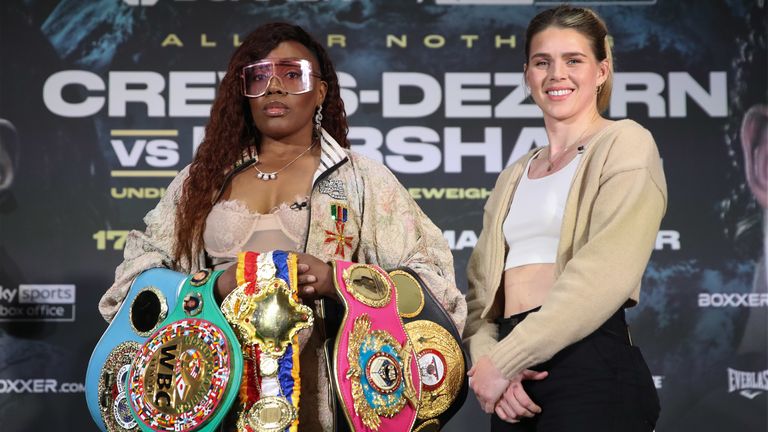 BOXXER PRESS CONFERENCE.ANDAZ HOTEL,.LONDON.PIC;LAWRENCE LUSTIG.UNDISPUTED WORLD SUPER-MIDDLEWEIGHT TITLE.FRANCHON CREWS-DEZURN AND SAVANNAH MARSHALL AS THEY ANNOUNCE THEIR FIGHT ON PROMOTER BEN SHALOM...S BOXXER PROMOTION AT MANCHESTER ON JUNE 17