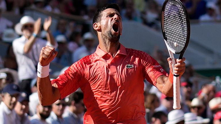 Serbia's Novak Djokovic clenches his fist after scoring a point against Spain's Alejandro Davidovich Fokina during their third round match of the French Open tennis tournament at the Roland Garros stadium in Paris, Friday, June 2, 2023. (AP Photo/Christophe Ena)