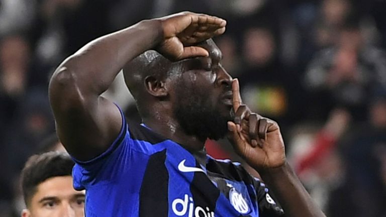 Inter Milan's Romelu Lukaku (90) gestures after scoring a goal in a Italian cup semi final first leg soccer match between Juventus and Inter Milan, at the Allianz Stadium, in Turin, Italy, Tuesday, April 4, 2023. (Fabio Ferrari/LaPresse via AP)