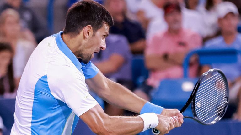 August 18, 2023, Mason, Ohio, USA: Novak Djokovic (SRB) hits a two-handed backhand during Friday's round of the Western and Southern Open at the Lindner Family Tennis Center, Mason, Oh. (Cal Sport Media via AP Images)