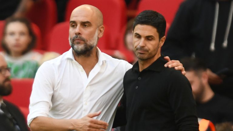 Pep Guardiola and Mikel Arteta during Arsenal's Community Shield win