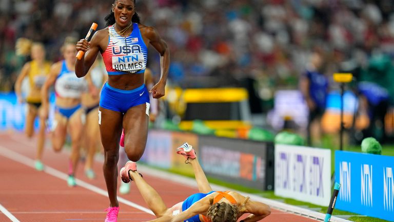 Netherlands' Femke Bol fell over and dropped the baton with her side primed for gold in Budapest