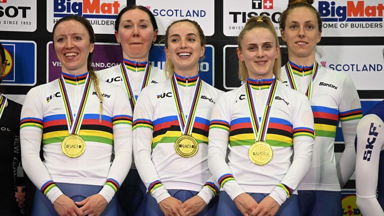 Archibald, Anna Morris, Elinor Baker, Megan Barker and Knight (left to right) pose with their gold medals