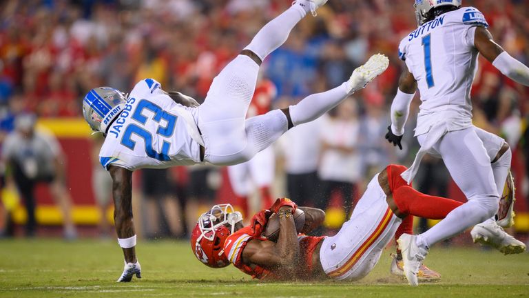 Marquez Valdes-Scantling takes a big hit to catch a 34-yard pass from Patrick Mahomes in the Kansas City Chiefs' loss to the Detroit Lions in Week 1 of the NFL