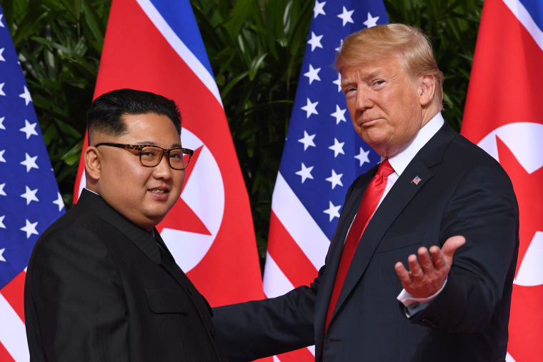 President Donald Trump meets with North Korea's leader Kim Jong Un at the start of their summit in 2018.