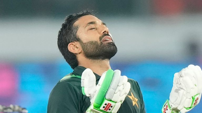 Pakistan's Mohammad Rizwan celebrates scoring a century during the ICC Men's Cricket World Cup match between Pakistan and Sri Lanka in Hyderabad, India, Tuesday, Oct. 10, 2023. (AP Photo/ Mahesh Kumar A.)