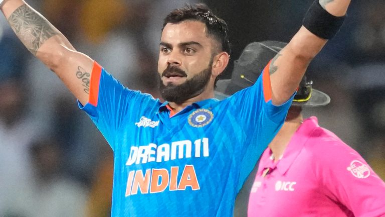 India's Virat Kohli celebrates his century during the Asia Cup game against Pakistan (Associated Press)