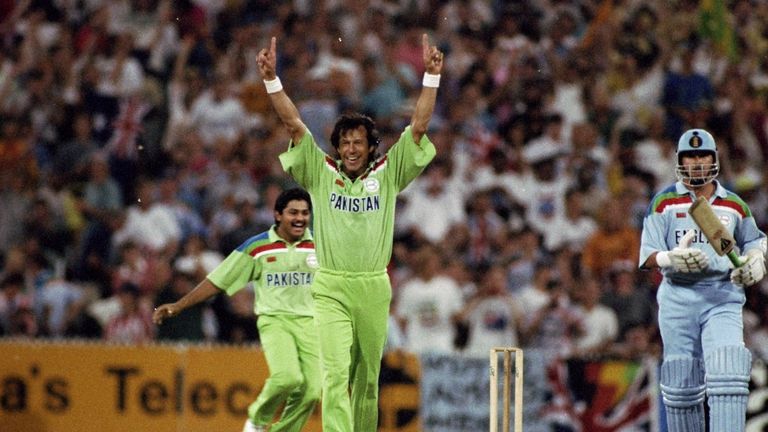 25 Mar 1992: Imran Khan of Pakistan celebrates after taking the wicket of Richard Illingworth of England to win the World Cup Final at the Melbourne Crick