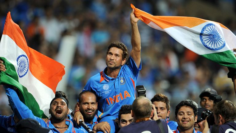 (FILES) In this photograph taken on April 2, 2011, Indian batsman Sachin Tendulkar is carried on his teammates' shoulders after India defeated Sri Lanka i