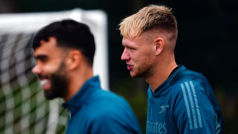 Arsenal goalkeepers Aaron Ramsdale (right) and David Raya during a training session at the Arsenal Training Centre