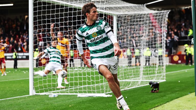 MOTHERWELL, SCOTLAND - SEPTEMBER 30:Matt O...Riley celebrates after scoring to make it 2-1 Celtic during a cinch Premiership match between Motherwell and Celtic at Fir Park, on September 30, 2023, in Motherwell, Scotland. (Photo by Ross MacDonald / SNS Group)