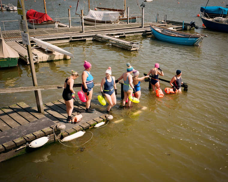 The Blue Tits get into the River Deben for a swim in Woodbridge, Suffolk on April 19, 2023. 