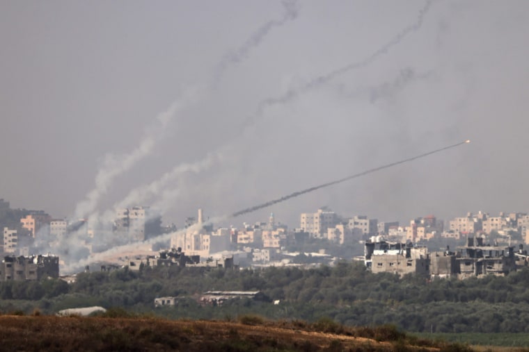 A picture taken from the southern Israeli city of Sderot shows rockets fired towards Israel from the Gaza Strip on October 23, 2023.