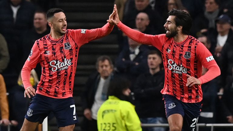 Andre Gomes celebrates his goal with team-mate Dwight McNeil