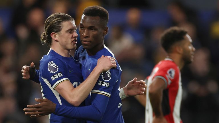 Chelsea's Nicolas Jackson celebrates with team-mate Conor Gallagher after scoring (AP)