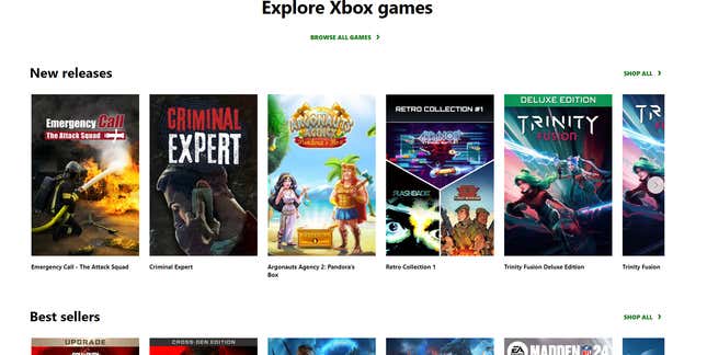 A screenshot of the Xbox digital store. 