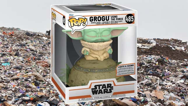 A Grogu Funko pop meditates on top of a landfill.