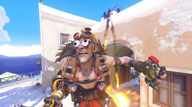 Junkrat sports googly eyes while detonating a bomb. 