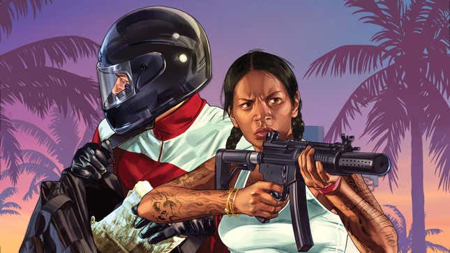 A GTA VI image shows two people, a helmeted man (left) and a gun-wielding woman (right), against a blueish, palm tree-laden background.