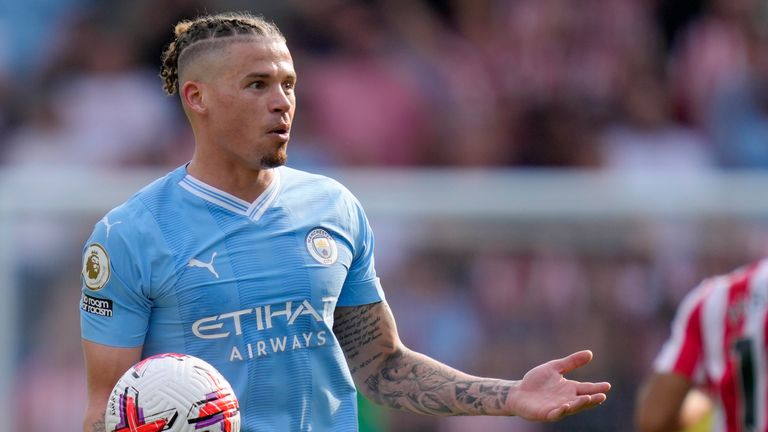 Manchester City's Kalvin Phillips reacts during the English Premier League soccer match between Brentford and Manchester City at the Gtech Community Stadium in London, Sunday, May 28, 2023. (AP Photo/Kirsty Wigglesworth)