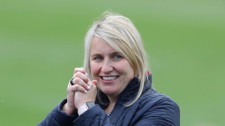 May 2, 2021, Kington Upon Thames, United Kingdom: Kington Upon Thames, England, 2nd May 2021. Emma Hayes manager of Chelsea celebrates the win during the UEFA Women's Champions League match at Kingsmeadow, Kington Upon Thames. Picture credit should read: Paul Terry / Sportimage(Credit Image: © Paul Terry/CSM via ZUMA Wire) (Cal Sport Media via AP Images)