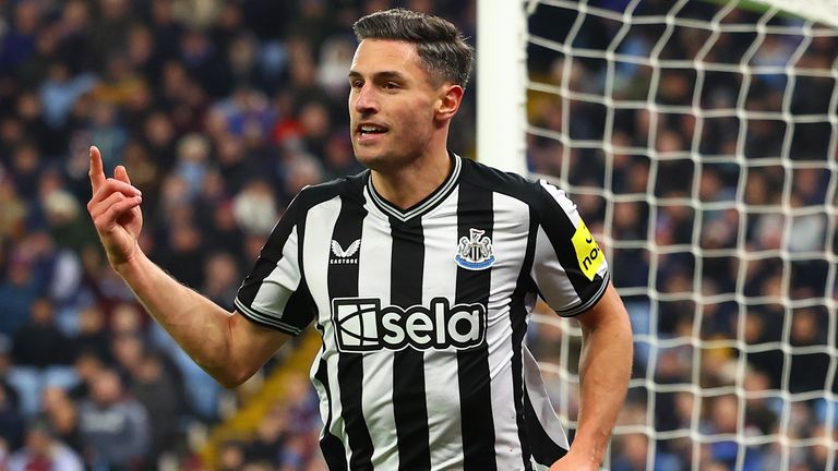 Fabian Schar celebrates his second goal against Aston Villa