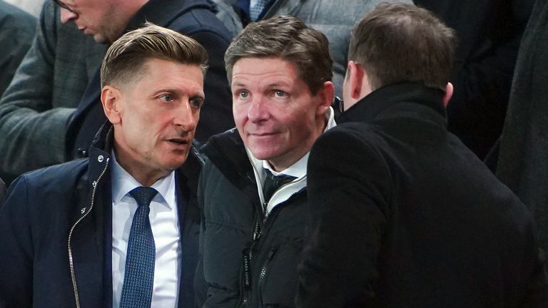 2022 Europa League winner Oliver Glasner (middle) watching on at Goodison Park ahead of taking charge at Crystal Palace