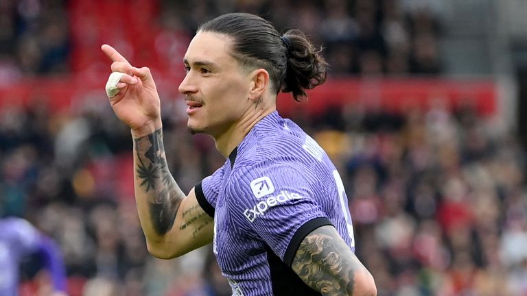 Darwin Nunez celebrates after chipping Liverpool in front against Brentford