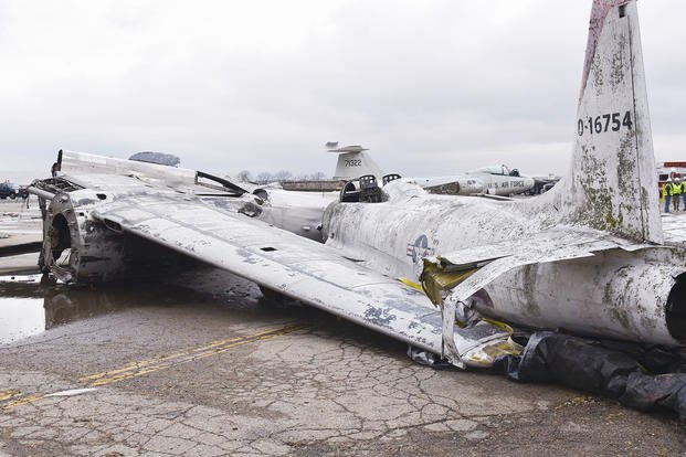 No aircraft damaged by severe weather at Wright-Patterson Air Force Base, Ohio, on Wednesday, Feb. 27, 2024, was active in the Air Force’s fleet, according to an 88th Air Base Wing spokesman.