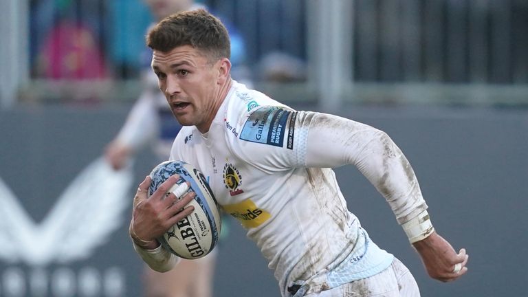 Bath Rugby v Exeter Chiefs - Gallagher Premiership - The Recreation Ground
Exeter Chiefs' Henry Slade (left) breaks through to score a try for his team during the Gallagher Premiership match at The Recreation Ground, Bath. Picture date: Saturday December 2, 2023.