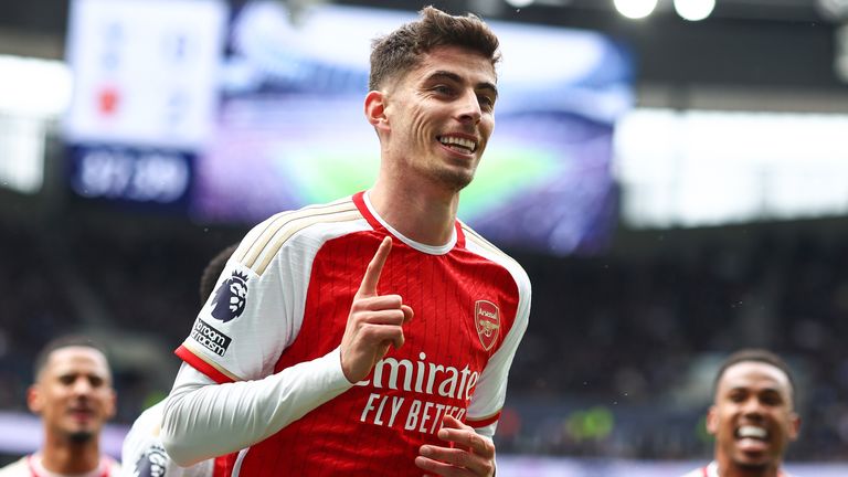 Kai Havertz celebrates after heading Arsenal into a 3-0 lead at Tottenham