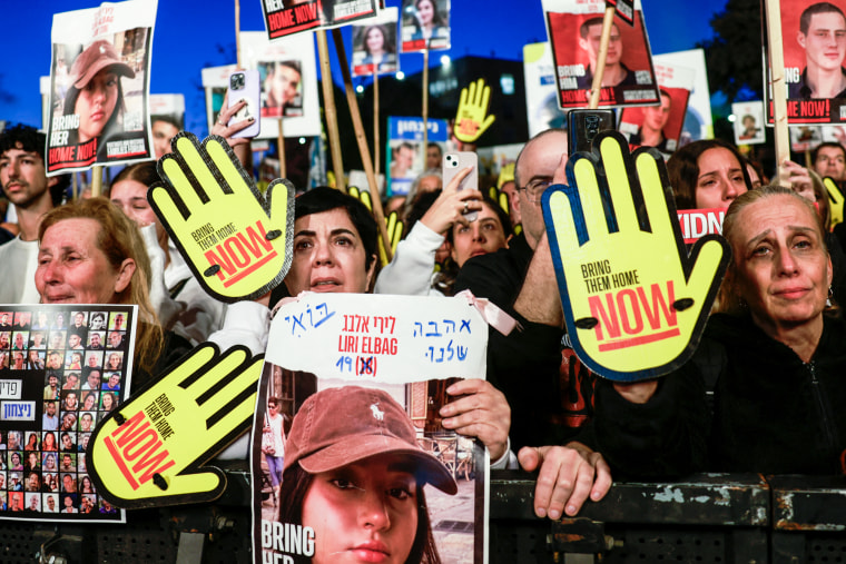 Relatives and supporters of Israeli hostages held in Gaza protest in front of the Israeli parliament