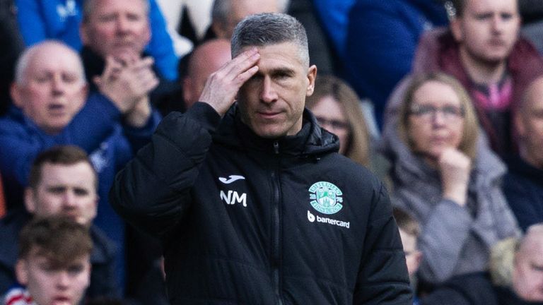 GLASGOW, SCOTLAND - MARCH 30: Hibs Manager Nick Montgomery during a cinch Premiership match between Rangers and Hibernian at Ibrox Stadium, on March 30, 2024, in Glasgow, Scotland. (Photo by Craig Foy / SNS Group)