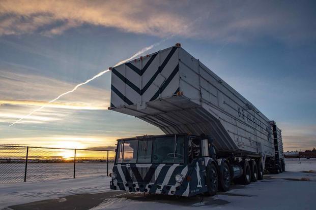 A transport erector sits just outside the gate of F.E. Warren Air Force Base