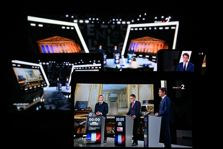 First Secretary of the French left-wing Socialist Party Olivier Faure. center, French far-right Rassemblement National party President Jordan Bardella, left, and French Prime Minister Gabriel Attal, right on June 27, 2024.