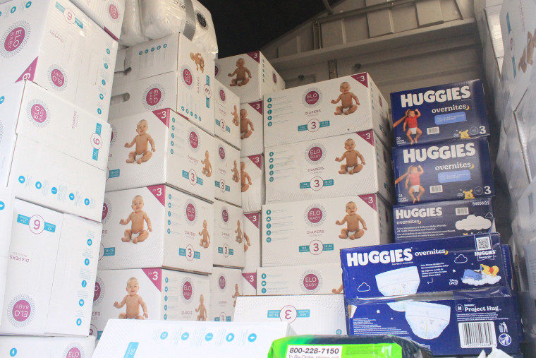 Diapers stored in a shed at One Life Counseling in San Carlos, Calif.