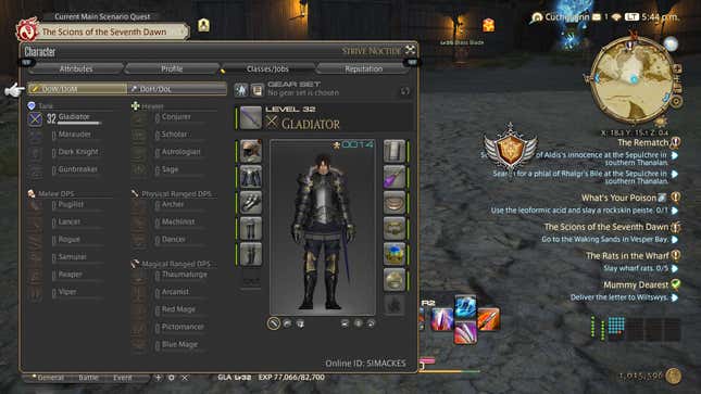 A screenshot shows a character's stats.