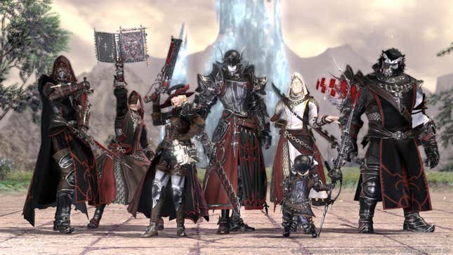 A roster of characters stand in a line.