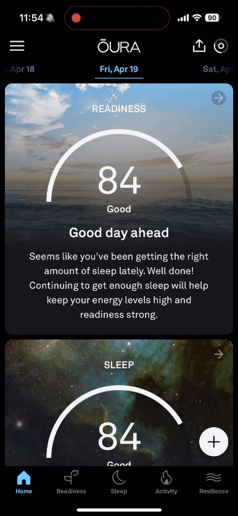 A video of the Oura app, showing each of the main screens, including the home, readiness, sleep, activity and resilience tabs.