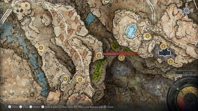 A screenshot of Elden Ring showsthe location of the Pillar Path Cross.