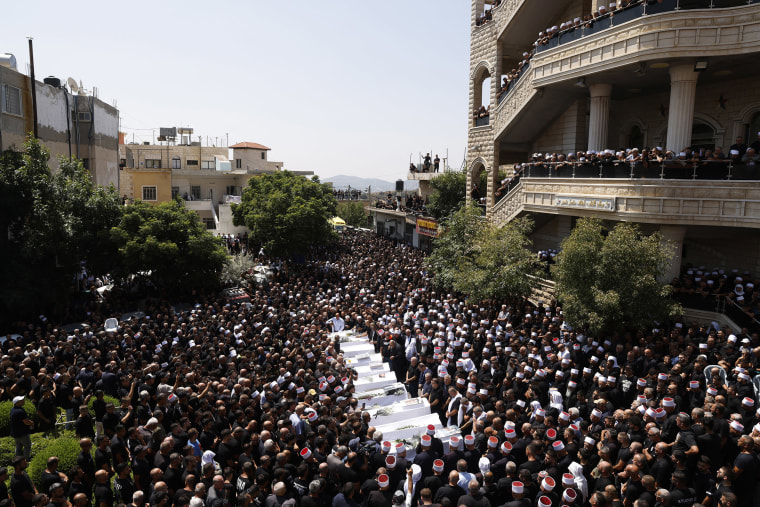 The Israeli military said the victims were struck by an Iranian-made rocket carrying a 50-kilogram warhead that was fired by Lebanese Hezbollah group at a soccer field in the Druze Arab town. Hezbollah has denied responsibility for the strike. 