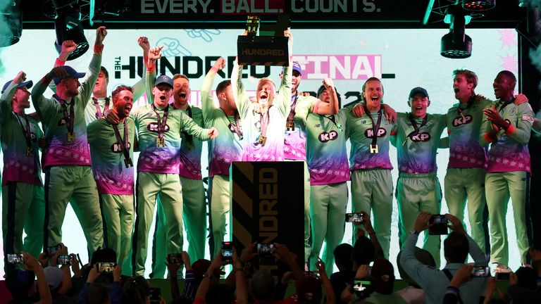 Sam Billings lifts the trophy after Oval Invincibles win The Hundred men's final at Lord