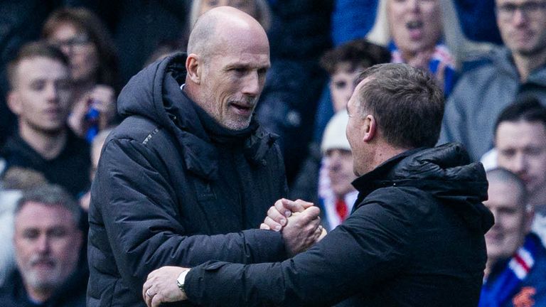 GLASGOW, SCOTLAND - APRIL 07: Rangers Manager Phillipe Clement and Celtic Manager Brendan Rodgers shake hands at full time during a cinch Premiership match between Rangers and Celtic at Ibrox Stadium, on April 07, 2024, in Glasgow, Scotland. (Photo by Craig Foy / SNS Group)