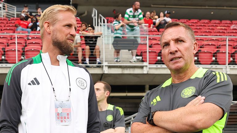 WASHINGTON, D.C., USA - JULY 20: Celtic manager Brendan Rodgers with new signing Kasper Schmeichel during a pre-season friendly match between DC United and Celtic at the Audi Field, on July 20, 2024, in Washington, D.C., USA. (Photo by Ross MacDonald / SNS Group)