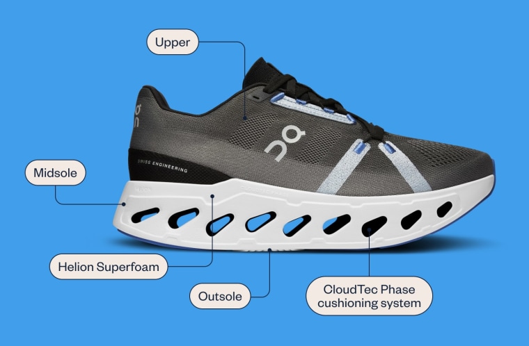 Cloudclipse sneakers against a blue background with labels identifying its Helion superfoam and CloudTec Phase cushioning system.