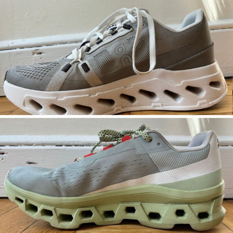 The Cloudeclipse’s outsole, top, is smooth while the Cloudmonster’s outsole, bottom, is scalloped due to the lower positioning of its cushioning system.