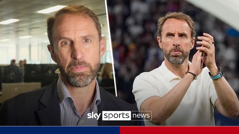 FILE - England's manager Gareth Southgate applauds to supporters at the end of the final match between Spain and England at the Euro 2024 soccer tournament in Berlin, Germany, Sunday, July 14, 2024. Gareth Southgate announces he will step down as England manager. (AP Photo/Martin Meissner, File)