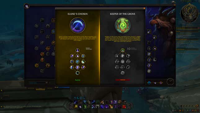 A menu of Hero Talents is pictured, with a skill tree called Elune's Chosen and one called Keeper of the Grove displayed.