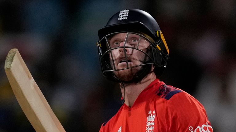 England's captain Jos Buttler plays a shot for four runs from the bowling of Romario Shepherd during the second T20 cricket match at Kensington Oval in Bridgetown, Barbados, Sunday, Nov. 10, 2024. (AP Photo/Ricardo Mazalan) 