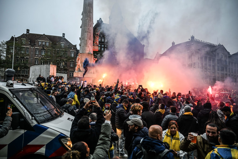 Maccabi Tel Aviv fans stage a pro-Israel demonstration and ripped off Palestinian flags hung on the streets in Amsterdam on Nov. 7, 2024.